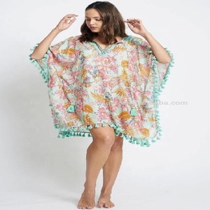 Robe Kaftan en Chiffon Imprimé Floral Grande Taille pour Femme, Bordure à Pompons, Style Bohème Ample, Mini, Sans Manches, Col en V, Taille Naturelle, Décontractée d'Été - Product Image 3