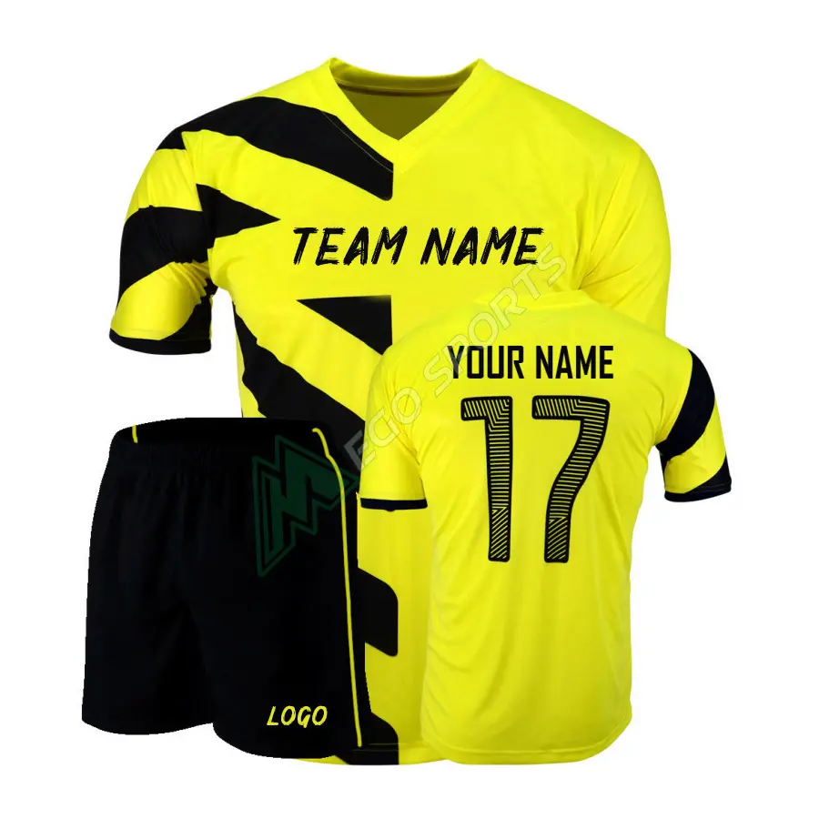 最高品質のカスタムデザイン昇華ポリエステルストライプサッカーユニフォーム黒と黄色のサッカージャージ