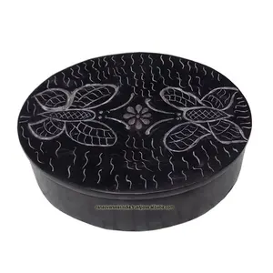 Vintage Soapstone Black Trinket Jewelry Storage Box With Butterfly Design On Lid For Women Jewels