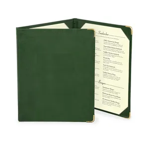 深绿色PU皮革菜单盖，具有三重风格，提供3个菜单卡在市场最优惠的价格
