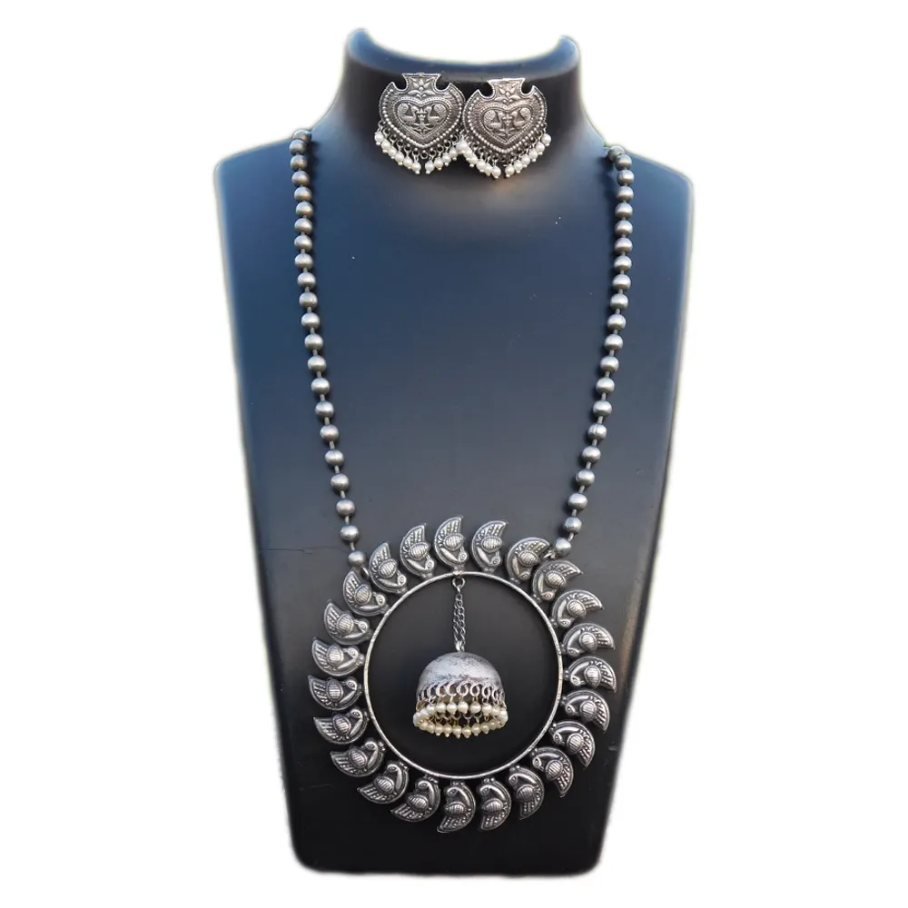 trending western tribal silver look alike brass chain with round leaf design pendent necklace set for womens and girls