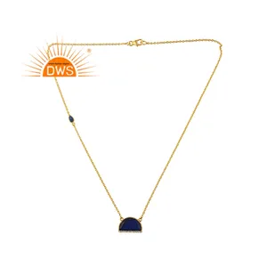 Half Moon Design Blue Corundum Pendant Necklace Gemstone Jewelry Wholesale Gold Plated 925 Silver Chain Necklace