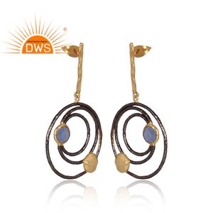 Blue Chalcedony Indian Brass <b>Gold</b> Plated Drop Stud Earring Fashion <b>Jewellery</b> Supplier for Women Gift for Her Classic Collection - Product Image 2