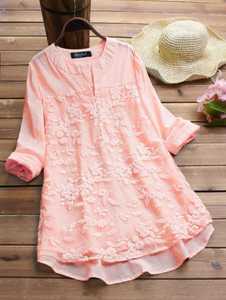 Túnica de manga larga con cuello de pico para mujer, Túnica informal con bordado religioso indio - Product Image 2