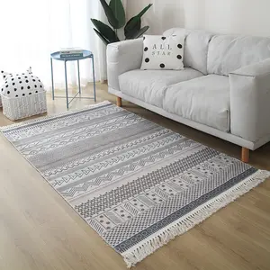 Tapis de plage en coton et lin tissé à la main, accessoire de style bohème, lavable, pour course à pieds avec pompon