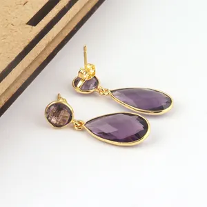 Newest trendy briolette cut purple amethyst quartz drop earring gold filled jewelry wholesale price handmade drop dangle earring