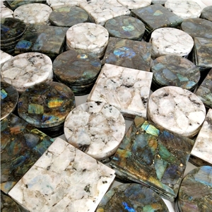 Rainbow Moonstone Point Onyx Crystal Pink <b>Agate</b> <b>Coasters</b> | Natural Moonstone Ring Black Marble <b>Coaster</b> Set Gemstone Decor - Product Image 6