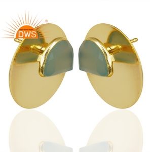 Aqua Chalcedony Gemstone Studs Wholesale 14k Gold Plated Silver Round Disc Shape Stud Earrings Jewelry - Product Image 2