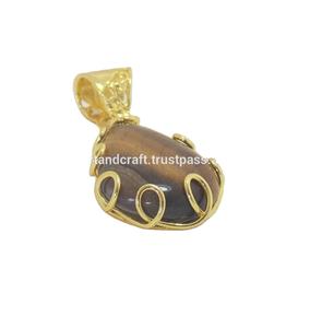 Oeil de Tigre Naturel Pierre Précieuse Avec Fil Plaqué Or Enveloppé Cadeau Fait Main Pour Ses Bijoux Collier Pendentif - Product Image 1