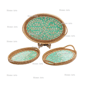 Bandeja de comida de ratán y nácar en tres tamaños diferentes, formas ovaladas, bandeja para postres y frutas en India. - Product Image 1