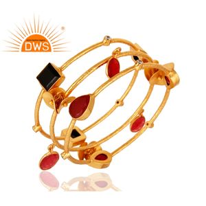 <b>Gold</b> Plated Brass Cuff Bangles Set Women's Classic Indian Fashion Jewelry Natural <b>Black</b> Onyx Aventurine Gemstones for Wedding - Product Image 3