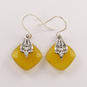Boucles d'oreilles calcédoine boucles d'oreilles faites à la main jaune 15*15mm coussin coupe pierres à facettes 925 bijoux faishonable en argent Sterling massif - Product Image 2