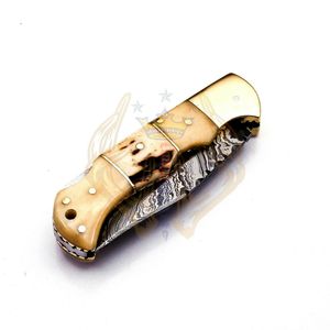 มีดพับเหล็กดามัสกัสคุณภาพสูง ทำด้วยมือ สำหรับกิจกรรมกลางแจ้ง ล่าสัตว์ และเอาตัวรอด พร้อมปลอกหนัง - Product Image 5