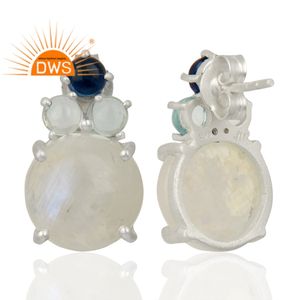 Argent Sterling fin naturel arc-en-ciel lune pierre et topaze bleue pierres précieuses boucle d'oreille pour les femmes bijoux pour les femmes cadeau pour elle - Product Image 3