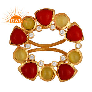 Hecho a mano amarillo piedra lunar rojo Coral cóctel chapado en oro anillo de moda joyería para mujer regalo para su colección clásica - Product Image 1