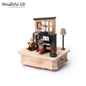 [1A] Wooden Music Box Cat Playing Piano cranked music boxes