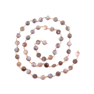 Chaîne de chapelet en pierre de lune marron facettée en forme de pièce de monnaie, 7-8 mm, en laiton plaqué or 18 carats, enveloppée de fil, vendue au mètre - Product Image 2