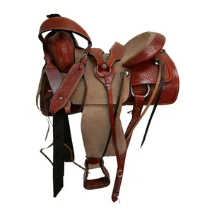 Premium In Pelle Sella Western Tack con In Pelle di Corrispondenza Headstall, Collare Seno, redini D6(Size 14 "-18")