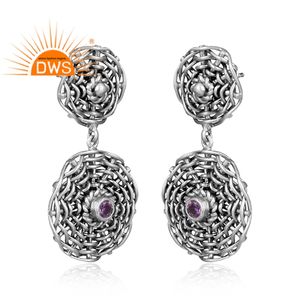 Pendientes Largos de Plata 925 con Diseño Tejido y Oxidado, Proveedor de Joyería, Pendientes con Gemas de Amatista Natural - Product Image 2