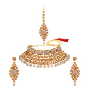 Indian Kundan <b>Crystal</b> Choker Necklace Earrings Maang Tikka Head Chain Bollywood Wedding Bridal Jewelry <b>Set</b> - Product Image 1