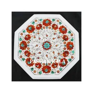 Beautiful Red Flower Inlaid Marble Table Top For Home Decorative Unique And Antique Design Octagonal Shape For Hotel Purpose