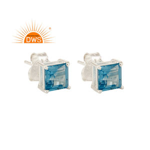 Pendientes de Plata de Ley 925 con Topacio Azul Natural, Corte Princesa, Diseño de Joyería Clásica, Venta al por Mayor - Product Image 1