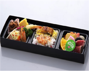 Japanese style black rectangle designer bento box take out food container delivery to go sushi restaurant