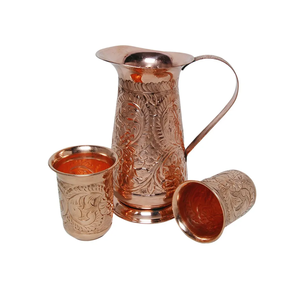 Modern Style Handmade Pure Copper Embossed Design Water Pitcher With Two Tumbler Top Selling and High Quality