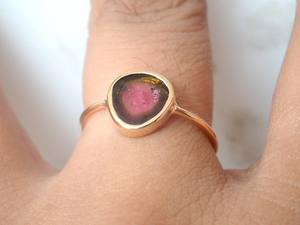 <b>Gold</b> Plated Engagement <b>Rings</b> Watermelon Tourmaline Slice Gemstone Bezel Setting eternity vermeil - Product Image 4