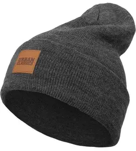 Hot Sale Fashion Heide grau Winter mützen benutzer definierte Slouch Mütze mit Leder Patch Strick mütze Warme Winter mützen