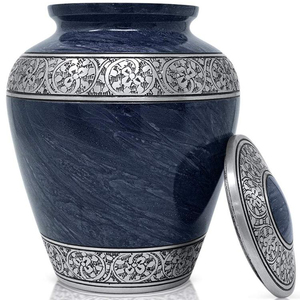 Blue Metal Cremation Urn Adult Size Ashes Container <b>Memorial</b> Storage <b>Vase</b> Funeral Burial Holder Decorative Engraved Design - Product Image 2