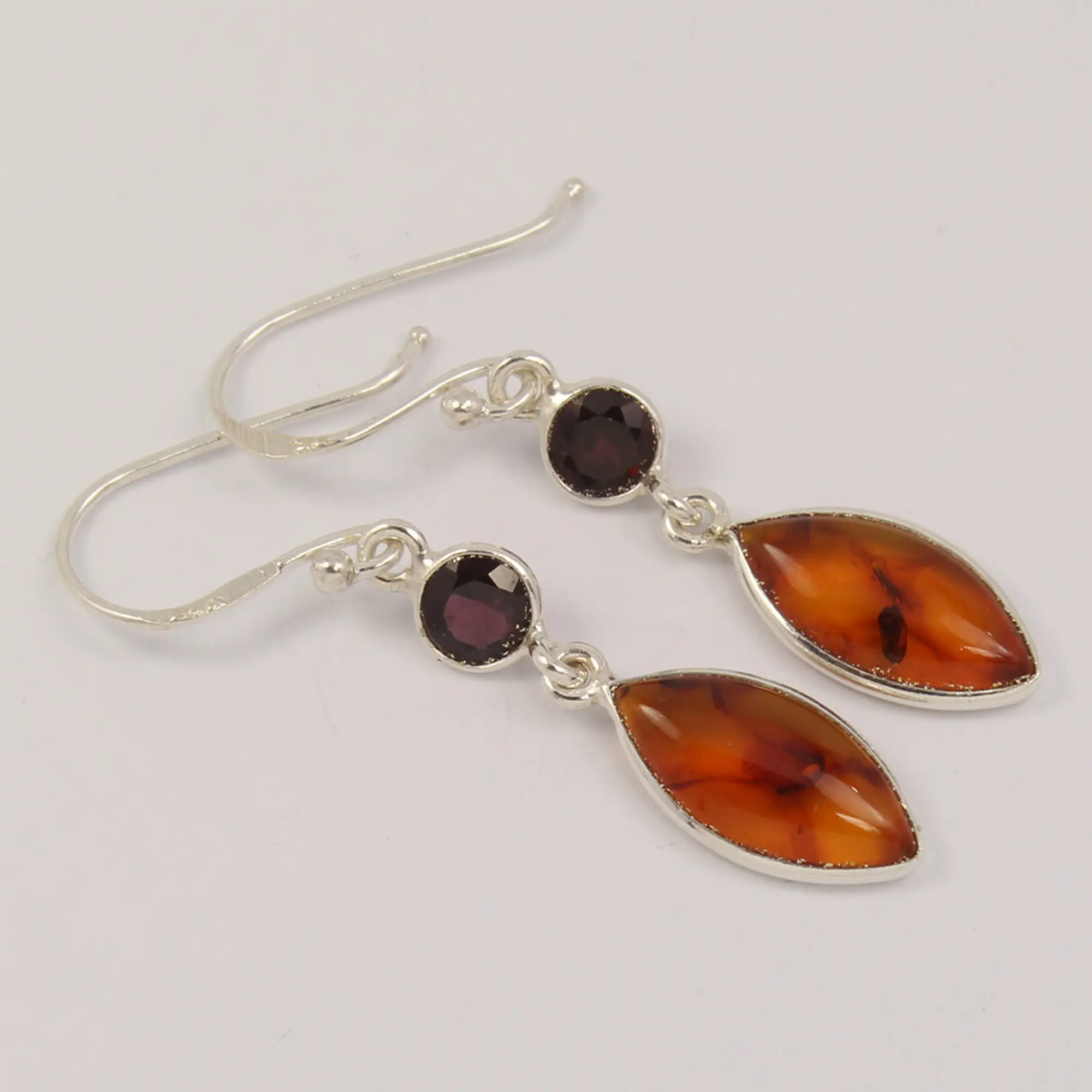 2.0 Grams Amber And Garnet earrings genuine Bezel Setting Trendy Round Marquise 925 Solid sterling silver lightweight