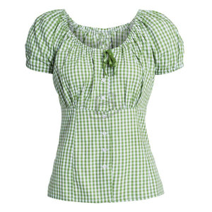Vintage <b>80s</b> Traditional Austrian Trachten Checked Cotton Blouse Puff Sleeves and Horn Button (Vintage Folklore Blouse ) - Product Image 1