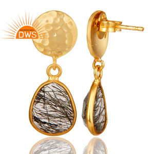 Hammered 925 Sterling Silver Earrings Black Rutile Gemstone Bezel Set Drop Earrings Wholesale Gold Plated Jewelry - Product Image 3
