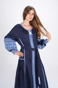 Atractivo verano azul Sexy cuello redondo manga larga 100% algodón vestido Casual mujeres elegante cintura alta Ruche Maxi vestidos - Product Image 5