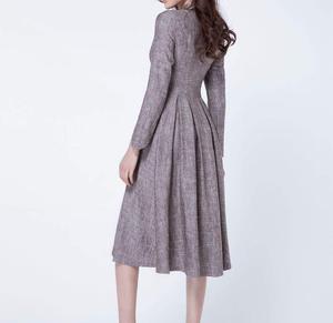 Mode femmes tendance couleur grise col rond longueur de plancher formelle solide à manches longues femmes robe en lin - Product Image 2
