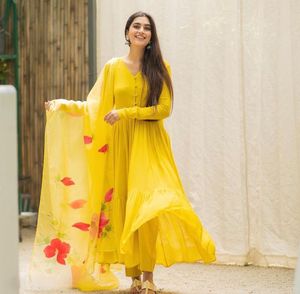 Women's sets — ensemble de vêtement noir et jaune en Organza Dupatta pour femmes, bandana peint à manches longues, bas prix - Product Image 6