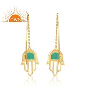 Pendientes de GEMA de ónix verde Natural, joyería de diseño, en forma de Hamas, chapados en oro, aretes colgantes de plata 925 - Product Image 3