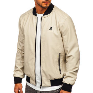 Chaqueta de bombardero de cuero de poliéster 100% personalizada para hombre, beige con cuello levantado acanalado, piel de vaca para el invierno - Product Image 1