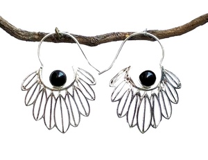 Pendientes de aro de ónix negro Chapado en plata de estilo bohemio para mujer, joyería de piedra preciosa - Product Image 2