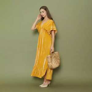 เดรสแม็กซี่สไตล์โบฮีเมียนฮิปปี้ผ้าฝ้าย100% มัดย้อมแขนครึ่งแขนผ้าทอเป็นมิตรต่อสิ่งแวดล้อมย้อมสีธรรมชาติ - Product Image 1