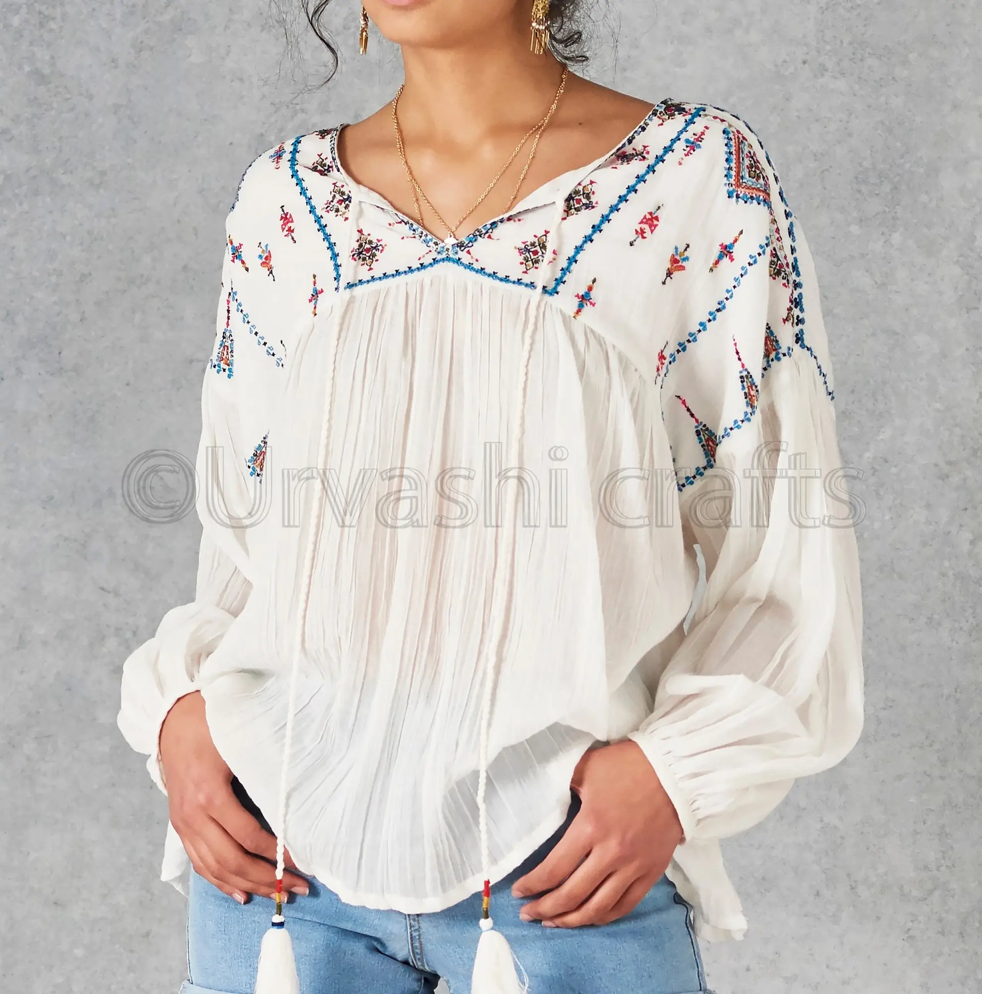 Fashionable Hot Looking Girl's Embroidered Blouse Long Sleeve White Blouses And Top
