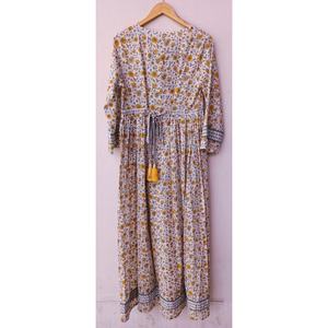 Robe en tissu imprimé à la main en coton de haute qualité avec col rond, lien à nouer dans le dos, poches, robe longue décontractée, vêtements pour femmes - Product Image 4