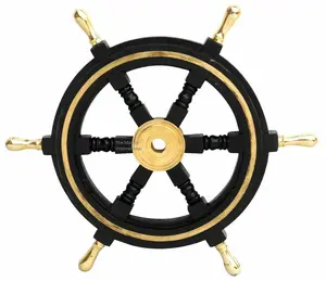 海洋项目木材和黄铜黑色船轮与黄铜环和手柄海洋航海海上船轮