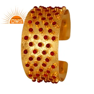 18k Yellow Gold Plated Brass Jewelry Wholesaler Red Coral Fashion Cuff Bracelet Wide Bangle Jewelry Supplier