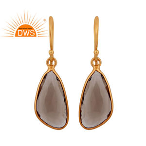 Boucles d'oreilles en quartz fumé naturel, plaquées or 18 carats, bijoux de créateur, boucles d'oreilles à crochet en argent 925, collection classique en gros - Product Image 1