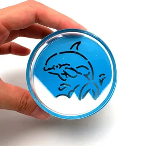 Clear Crystal Acrylic Sand Paperweight 2.5- inch Round Flip Over to See Turtle & Dolphin Sand Pattern, Beach Sand Inside
