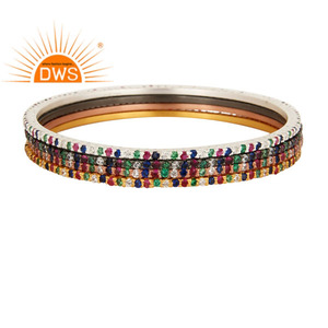 Conjunto de brazalete elegante con acento de circonita cúbica multicolor de plata de ley chapada en oro de 18 quilates para mujer, regalo para ella - Product Image 1