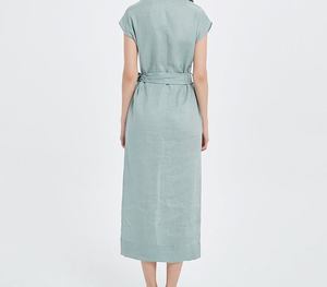 Robe longue en lin bleu clair à col en V et manches longues avec ceinture et fente avant, coupe ample, idéale pour l'été et les occasions formelles - Product Image 4