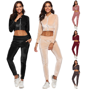 Ensemble de survêtement en velours deux pièces pour femme, haut court zippé, pantalon taille haute, décontracté, couleur unie, coupe classique, unisexe - Product Image 1